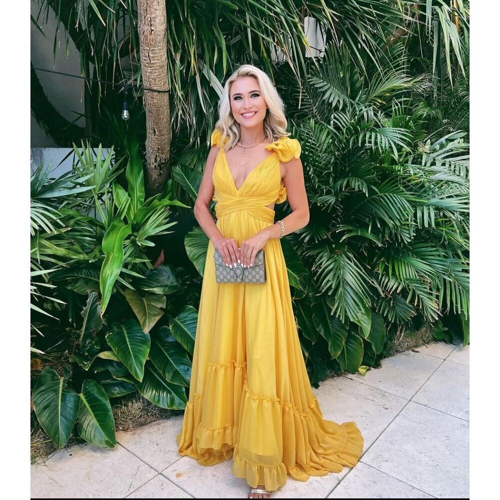 Mac Duggal Womens Chiffon Ruffle Sleeve V Neck A-Line Gown Marigold Size 10 - Picture 2 of 14